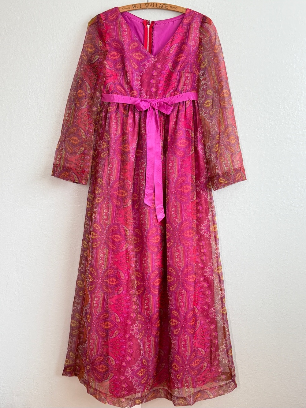 Vintage 60s 70s Paisley Maxi Dress Sheer Boho Empire Waist Pink MURKO Zip